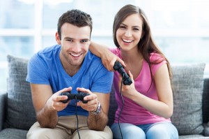 couple-playing-video-game-in-Man-cave